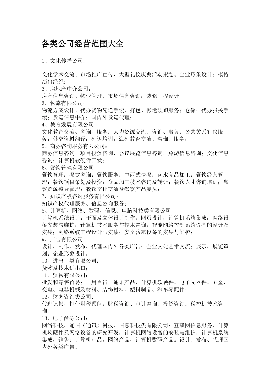 公司经营范围、前后置审批列表_第1页