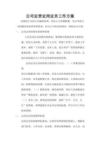 公司定责定岗定员工作方案
