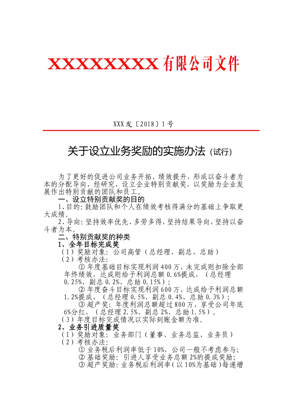 公司红头文件--关于设立业务奖励的实施办法_第1页