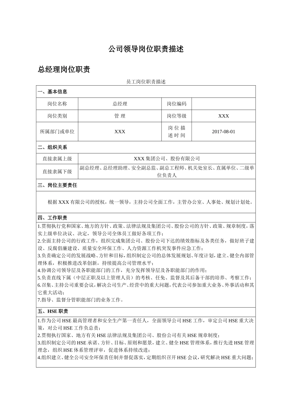公司领导班子成员及助理、副总师岗位职责描述_第1页