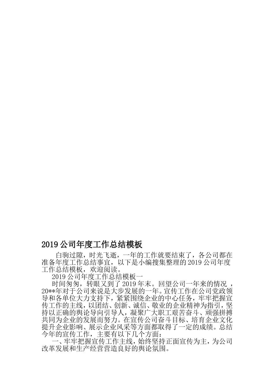 公司年度工作总结模板-2019年范文_第1页