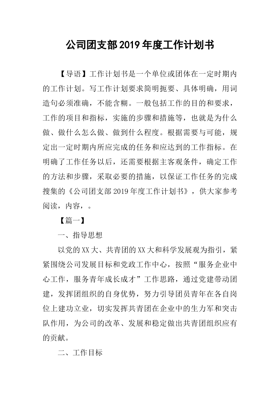 公司团支部2019年度工作计划书_第1页
