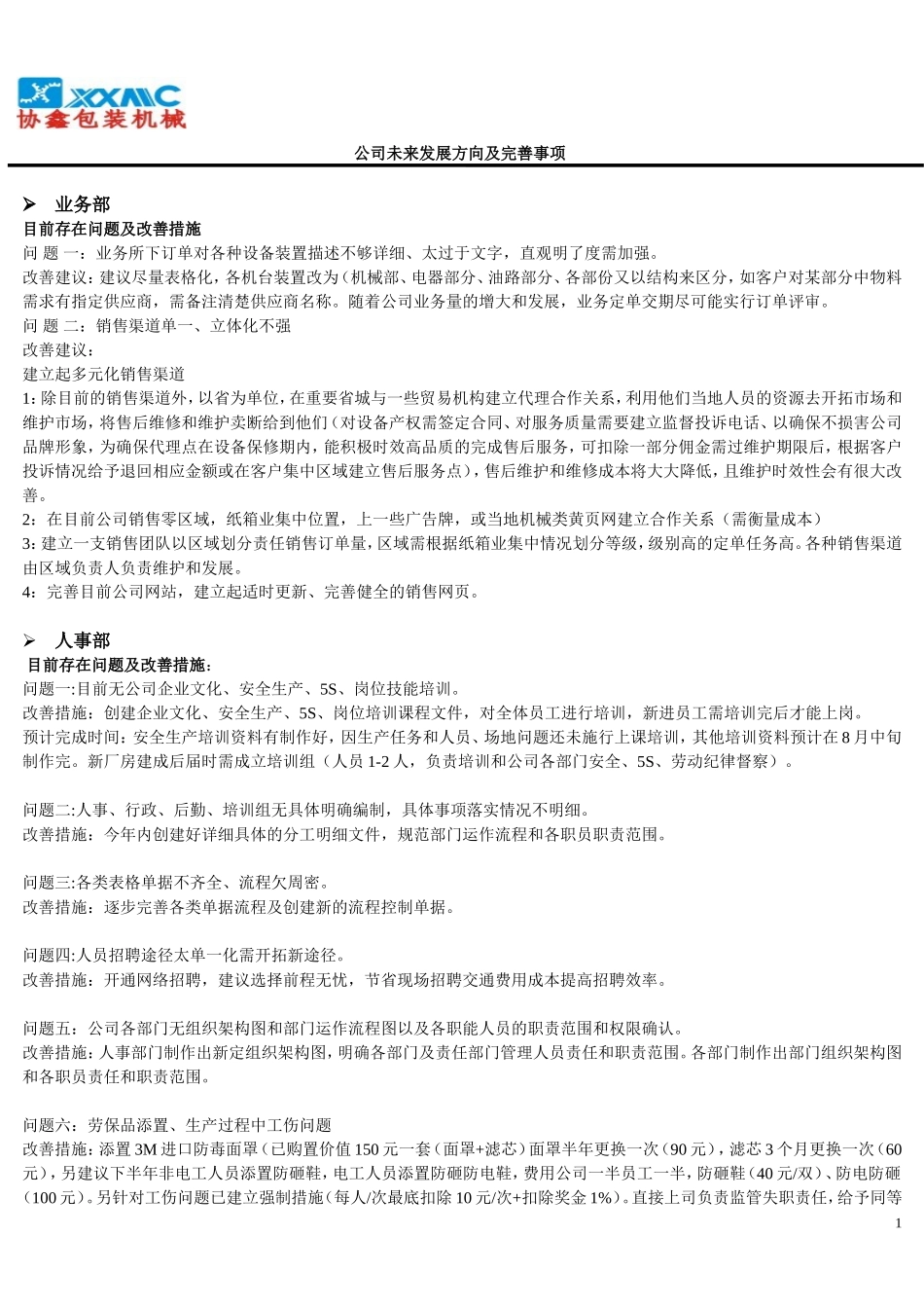 公司未来发展规划及部门运作完善措施_第1页