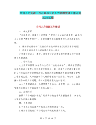 公司人力资源工作计划与公司人力资源管理工作计划2018汇编