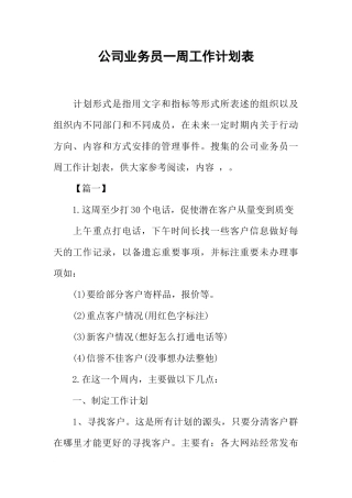 公司业务员一周工作计划表