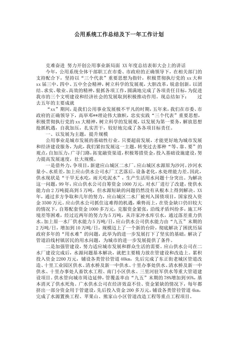 公用系统工作总结及下一年工作计划-模板_第1页