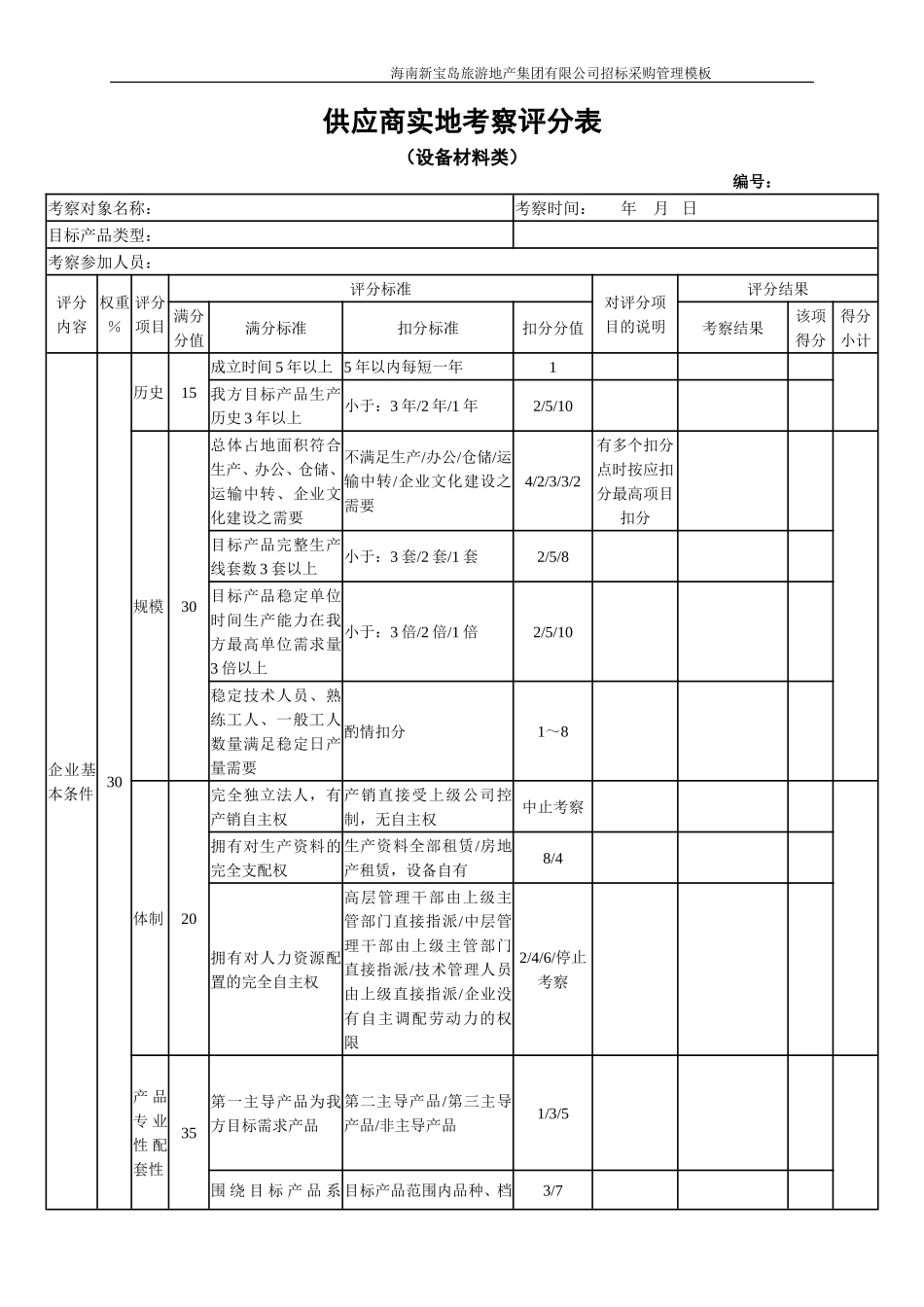 供应商实地考察评分表(设备材料类)_第1页
