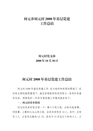 何元乡何元村2008年基层党建工作总结