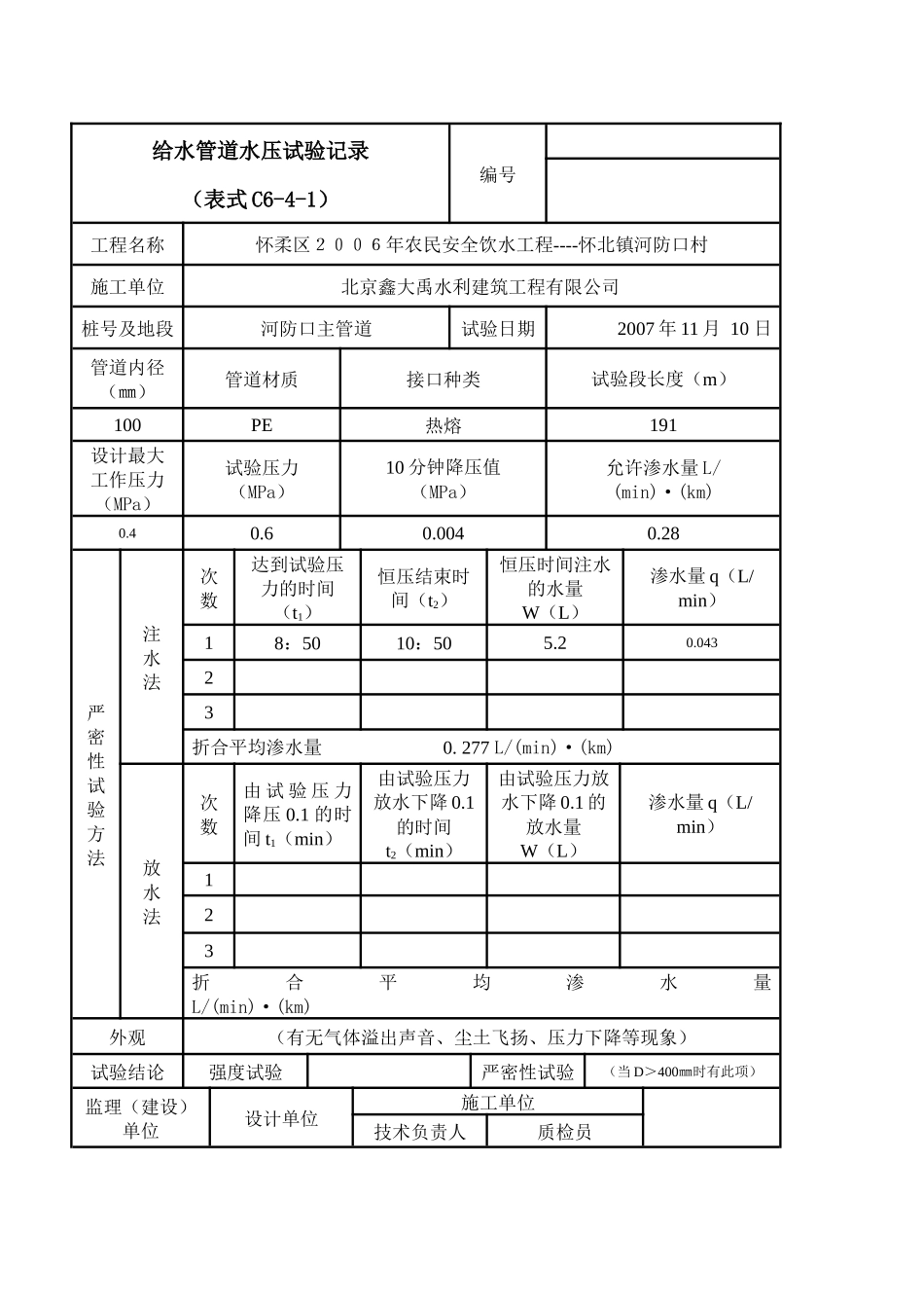 供水管道水压试验记录表_第3页