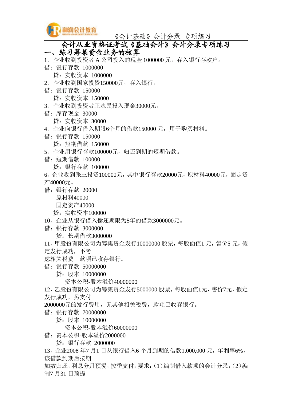 会计分录专项训练答案_第1页