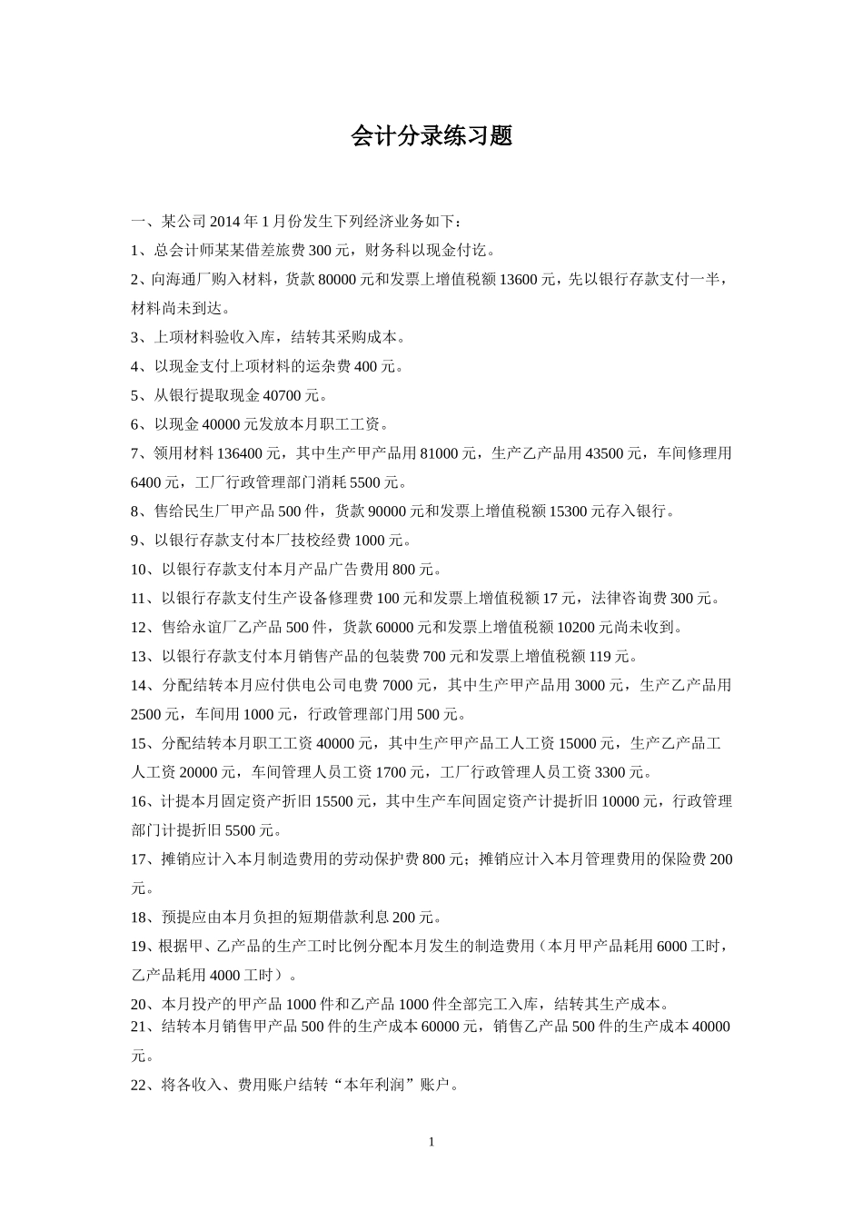 会计分录综合练习题(同名6067)_第1页