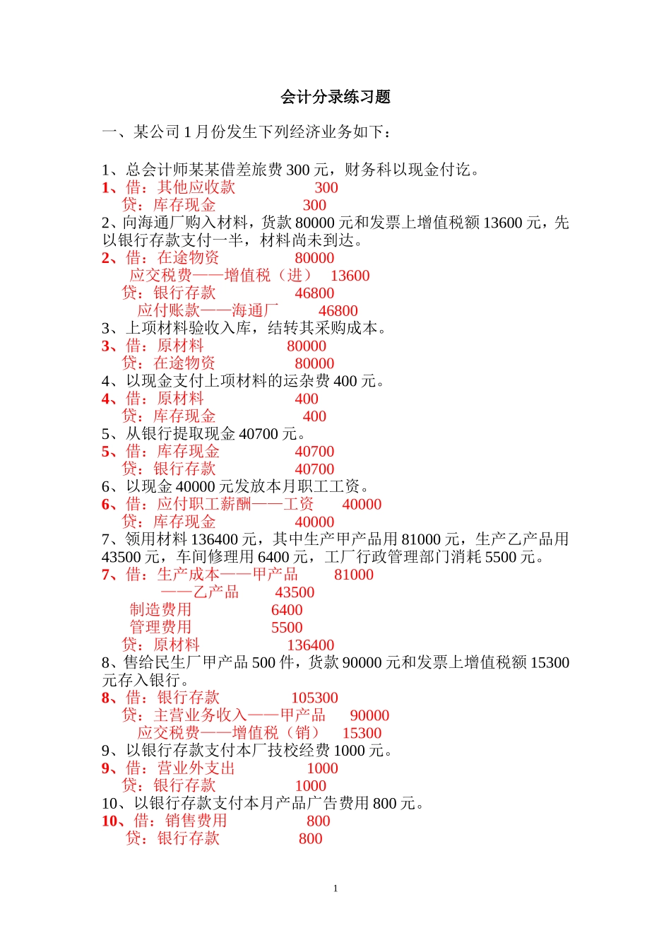会计分录综合练习题_第1页