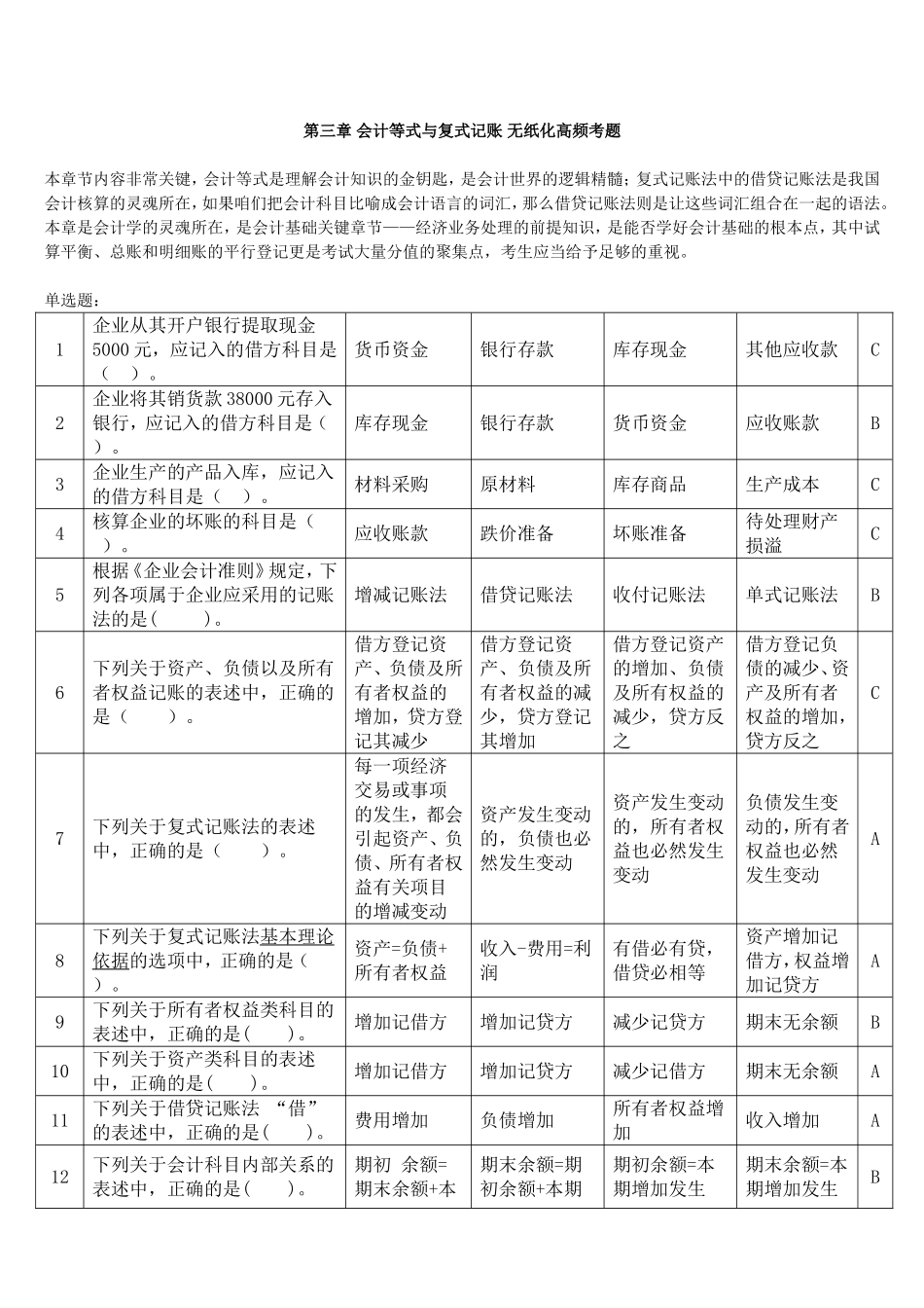 会计基础2014无纸化考试高频题(附答案)第三章-会计等式与复式记账_第1页