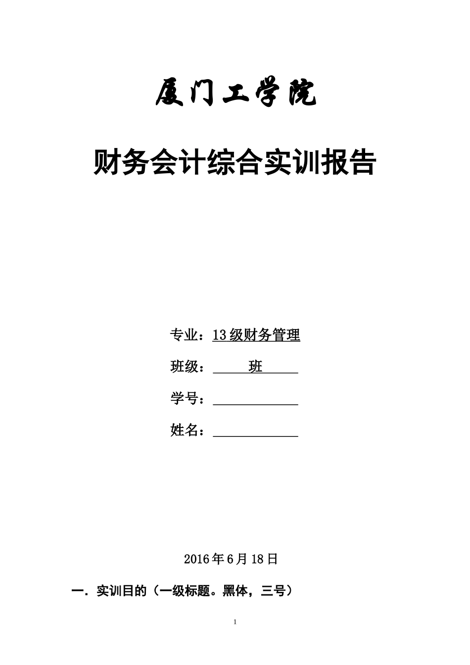会计手工综合模拟实训实习报告模板(空白版)_第1页