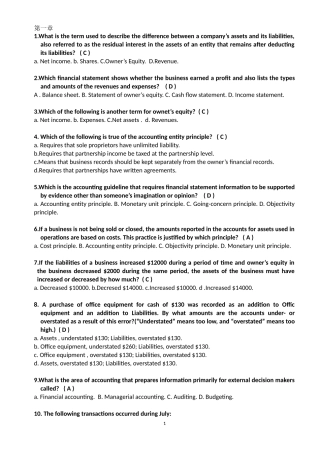 会计英文选择题1-6会计英文第二版-复旦大学出版社的-课后选择题
