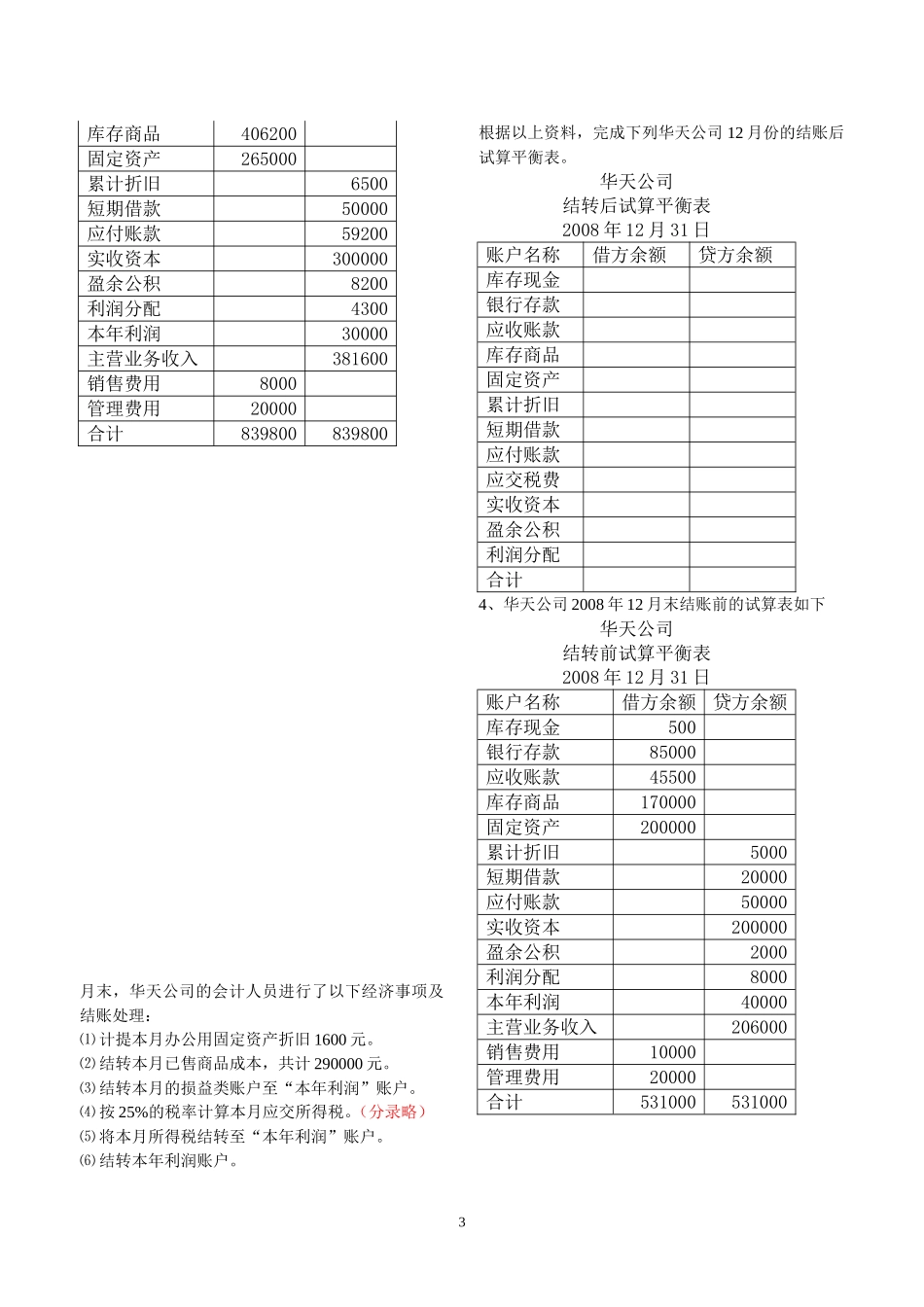 会计基础综合题—试算平衡表(含答案)_第3页