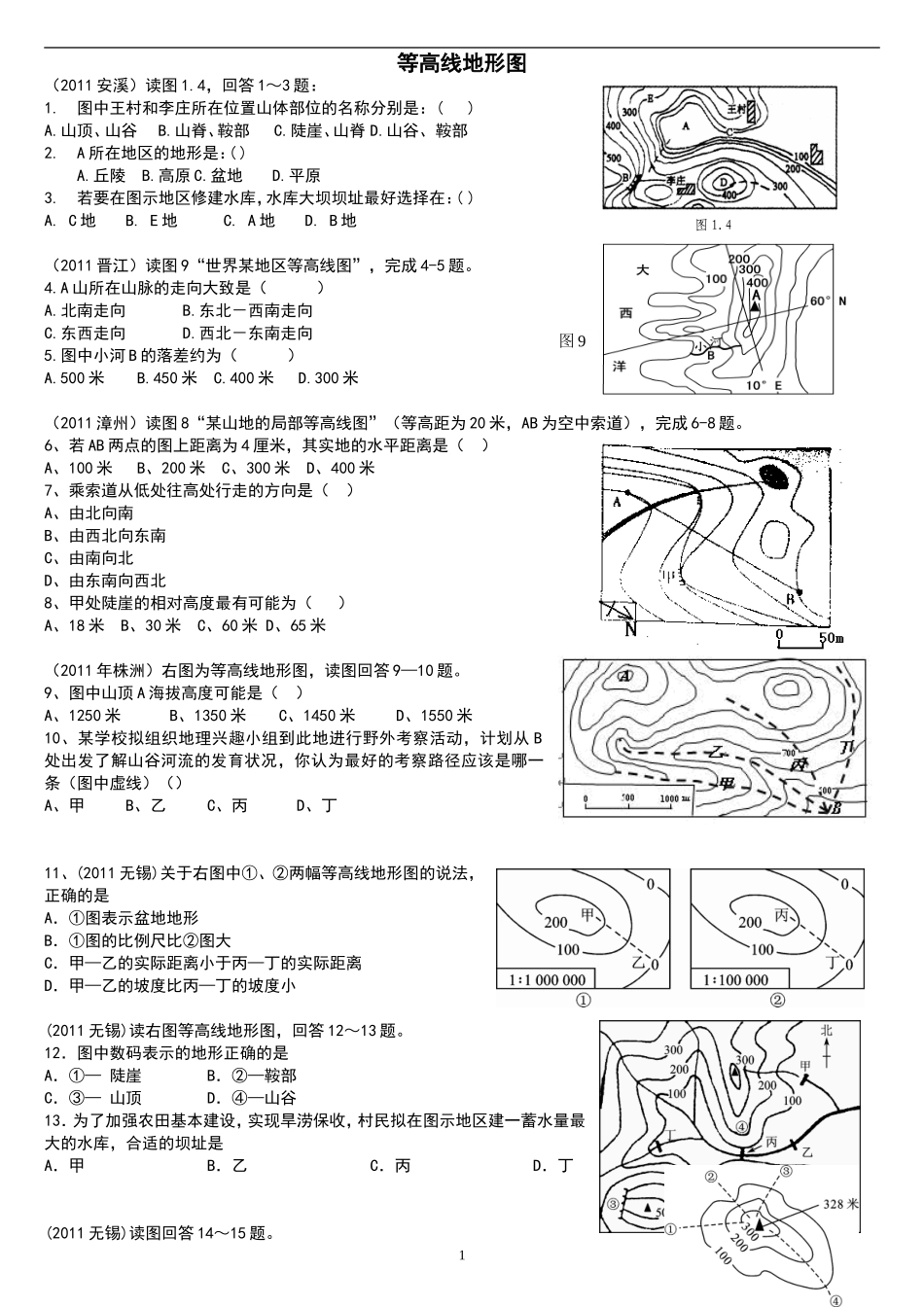 会考真题专练-等高线地形图2017_第1页