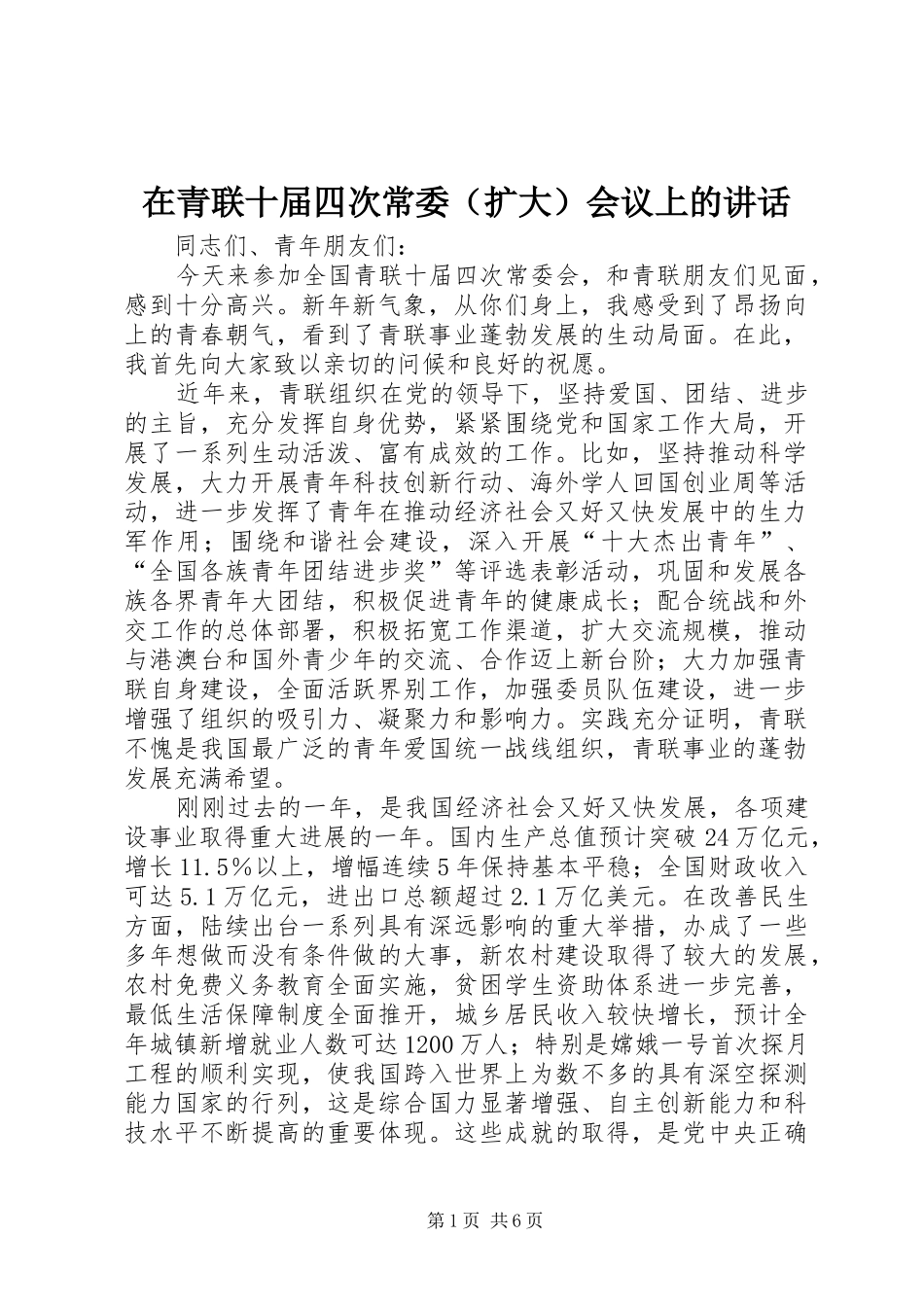 在青联十届四次常委会议上的致辞_第1页