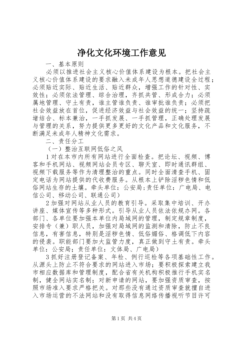 净化文化环境工作意见_第1页