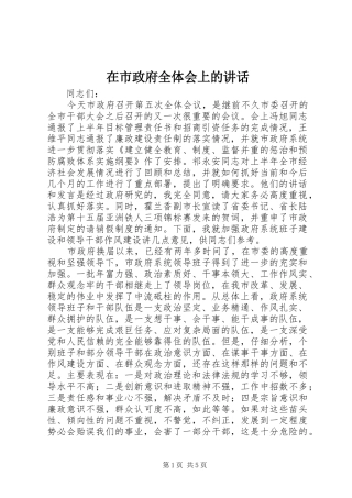 在市政府全体会上的致辞