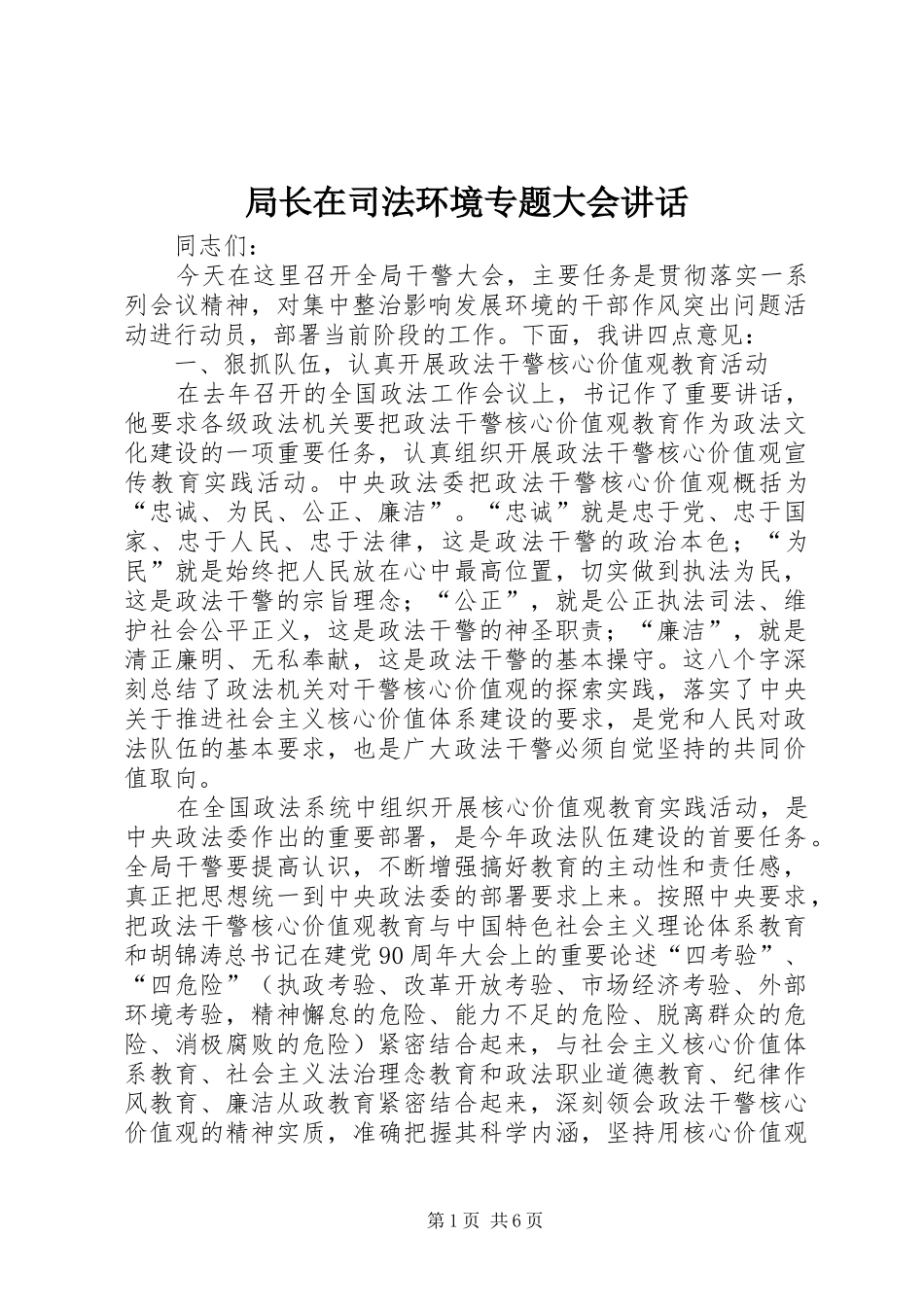 局长在司法环境专题大会致辞_第1页