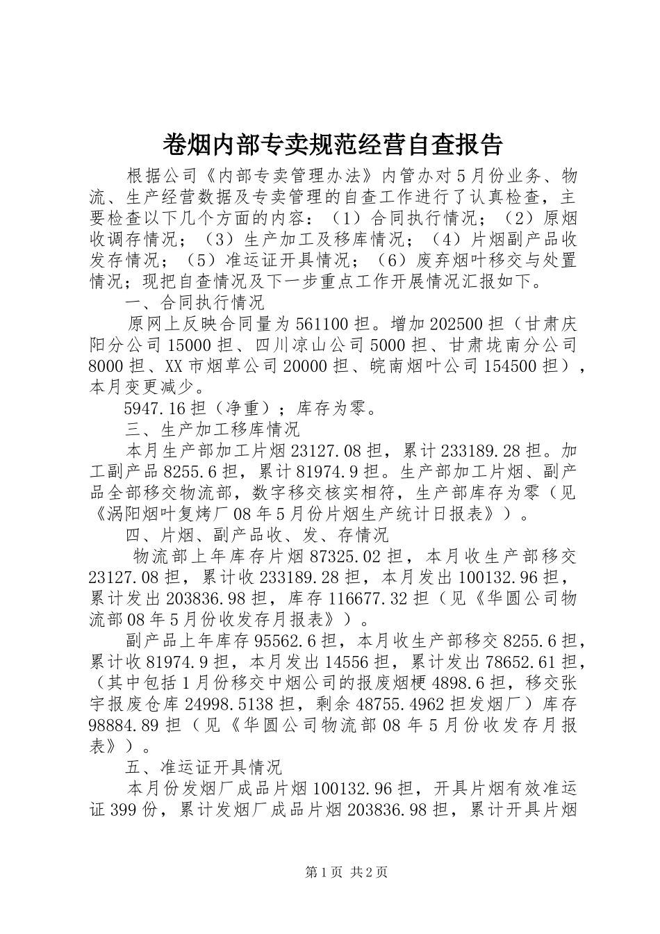 卷烟内部专卖规范经营自查报告_第1页