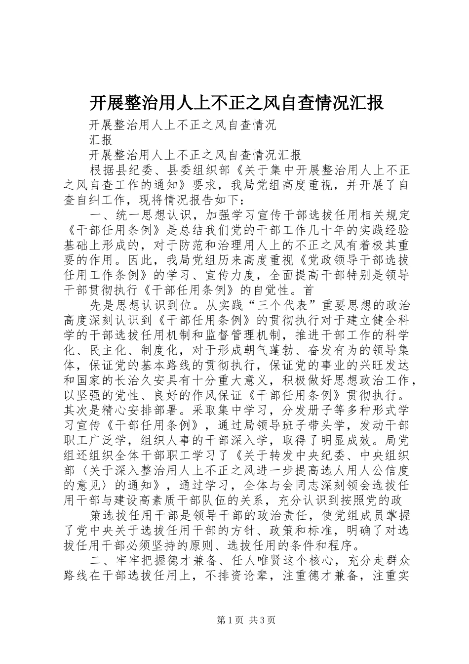 开展整治用人上不正之风自查情况汇报_第1页