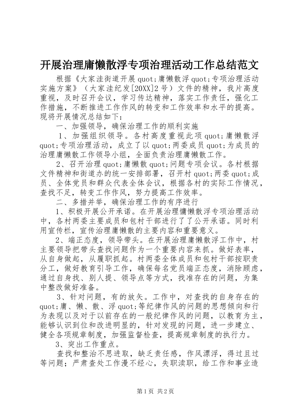 开展治理庸懒散浮专项治理活动工作总结范文_第1页