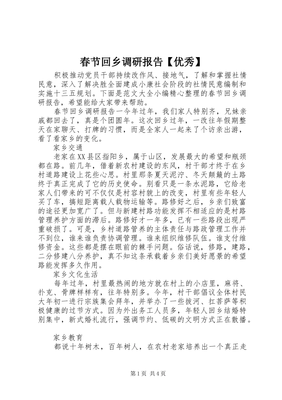 春节回乡调研报告优秀_第1页