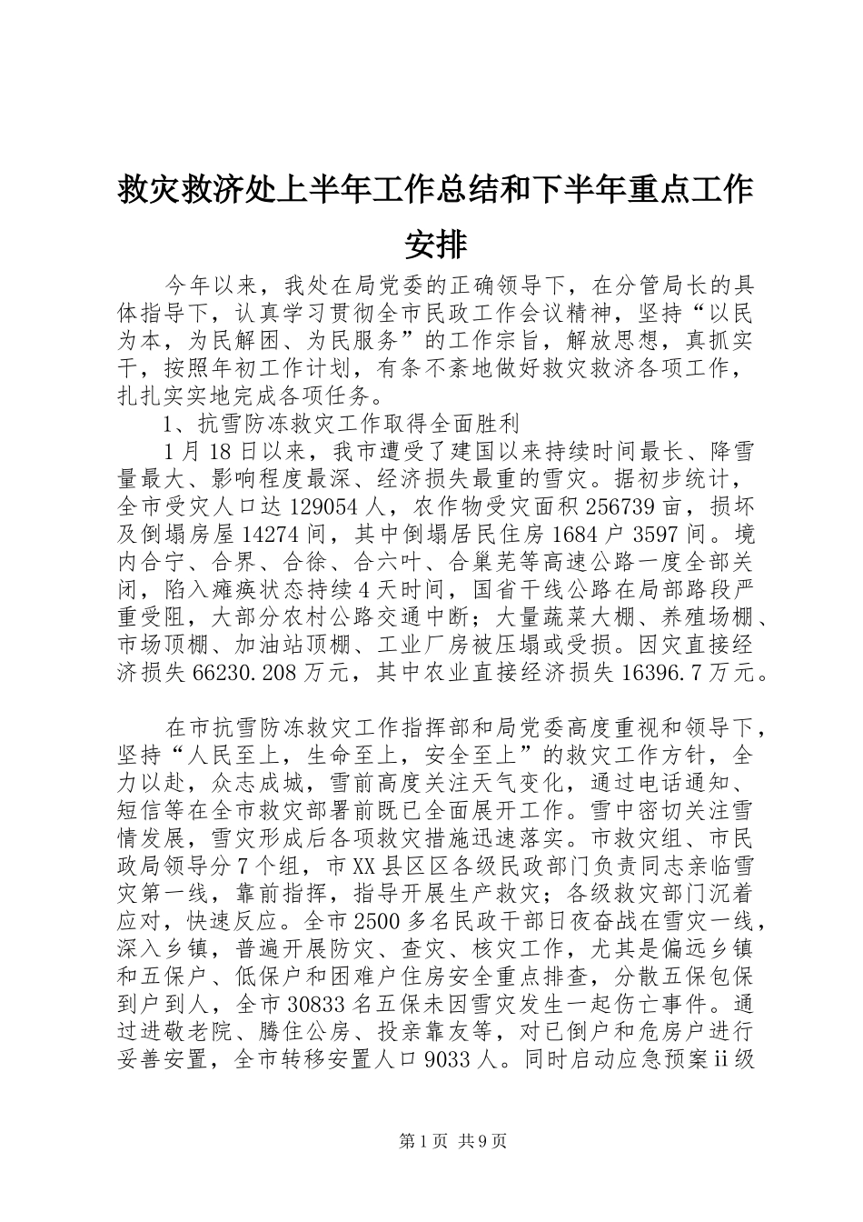 救灾救济处上半年工作总结和下半年重点工作安排_第1页