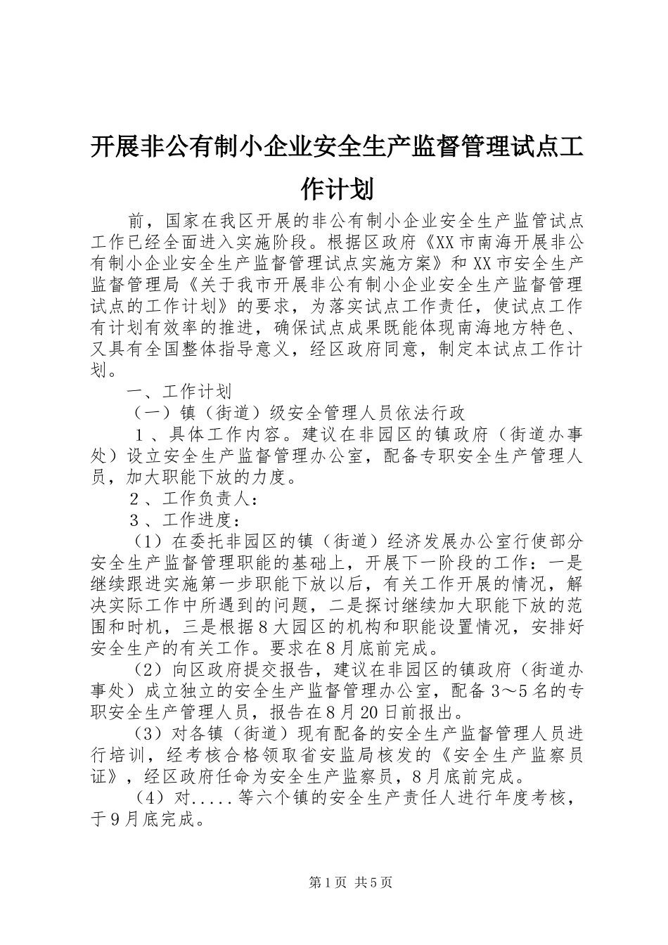 开展非公有制小企业安全生产监督管理试点工作计划_第1页