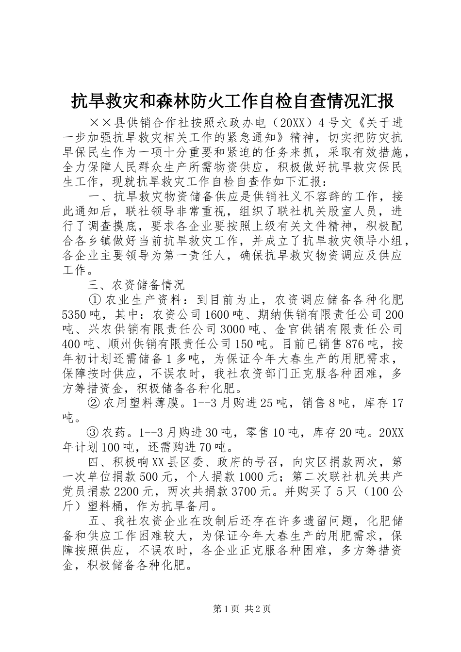 抗旱救灾和森林防火工作自检自查情况汇报_第1页