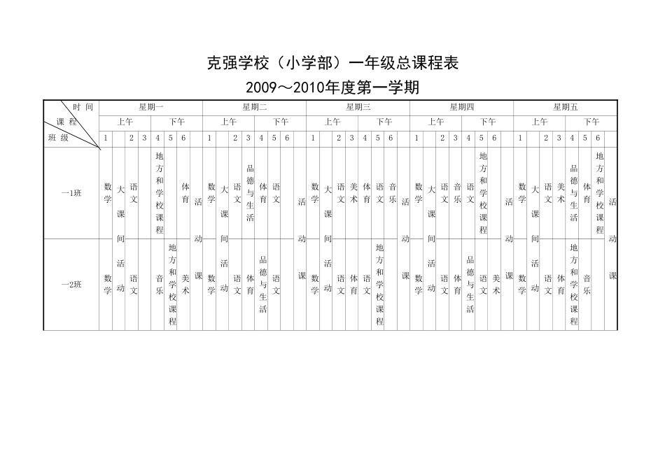 克强学校(小学部)一年级总课程表_第1页