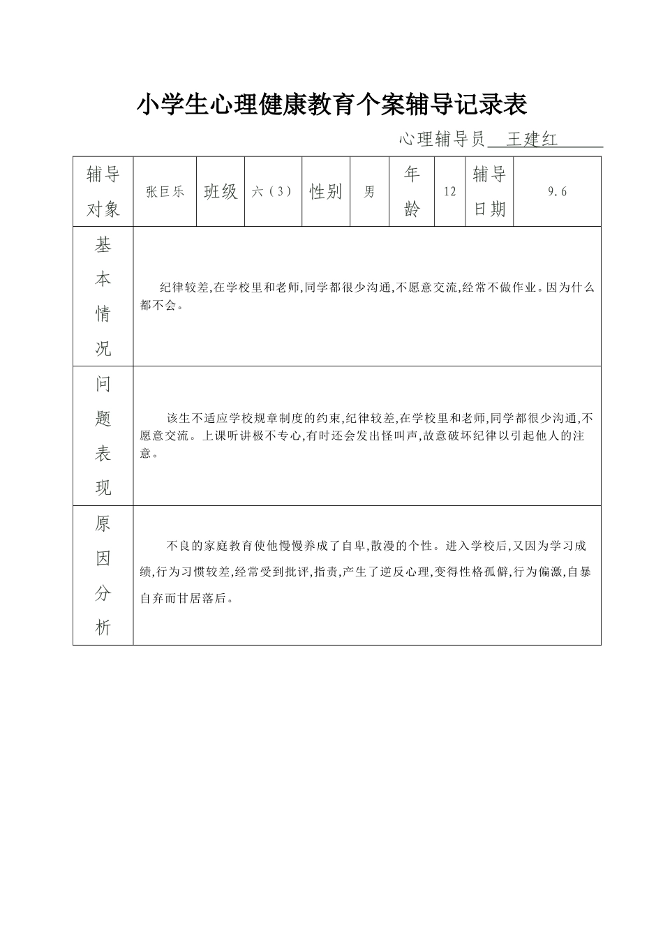 六(3)小学生心理健康教育个案辅导记录_第1页