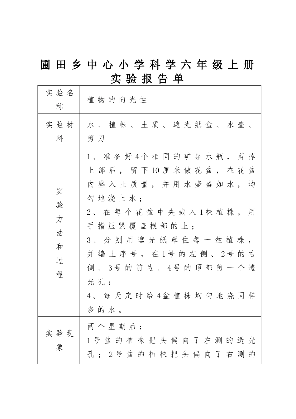 六年级科学上册实验报告单(同名21867)_第1页