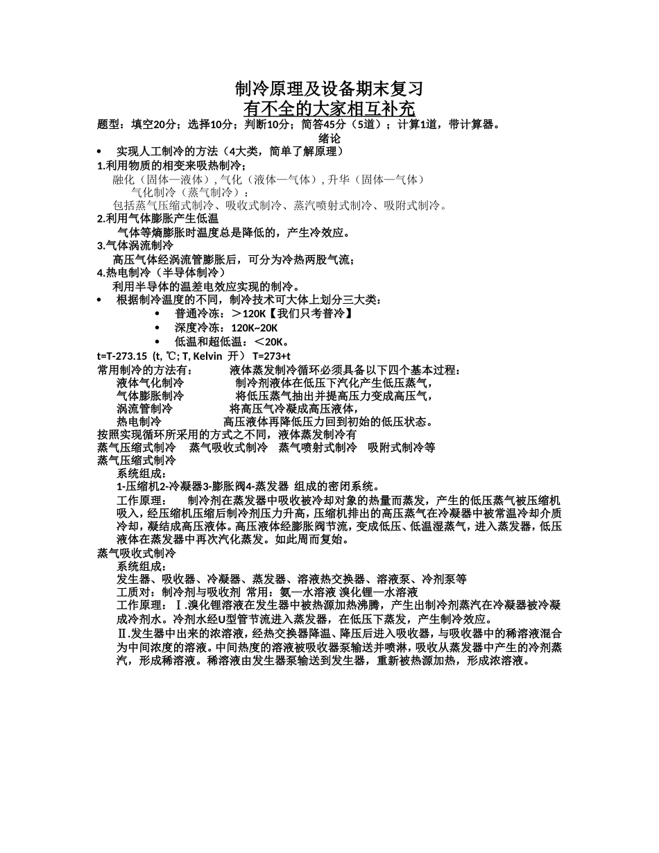 制冷原理-知识点总结_第1页