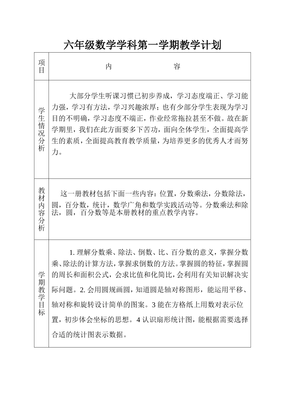 六年级数学学科第一学期教学计划_第1页