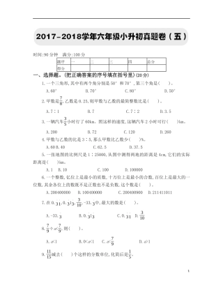 六年级下册数学试题-六年级小升初真题卷(五)人教新课标(含答案)