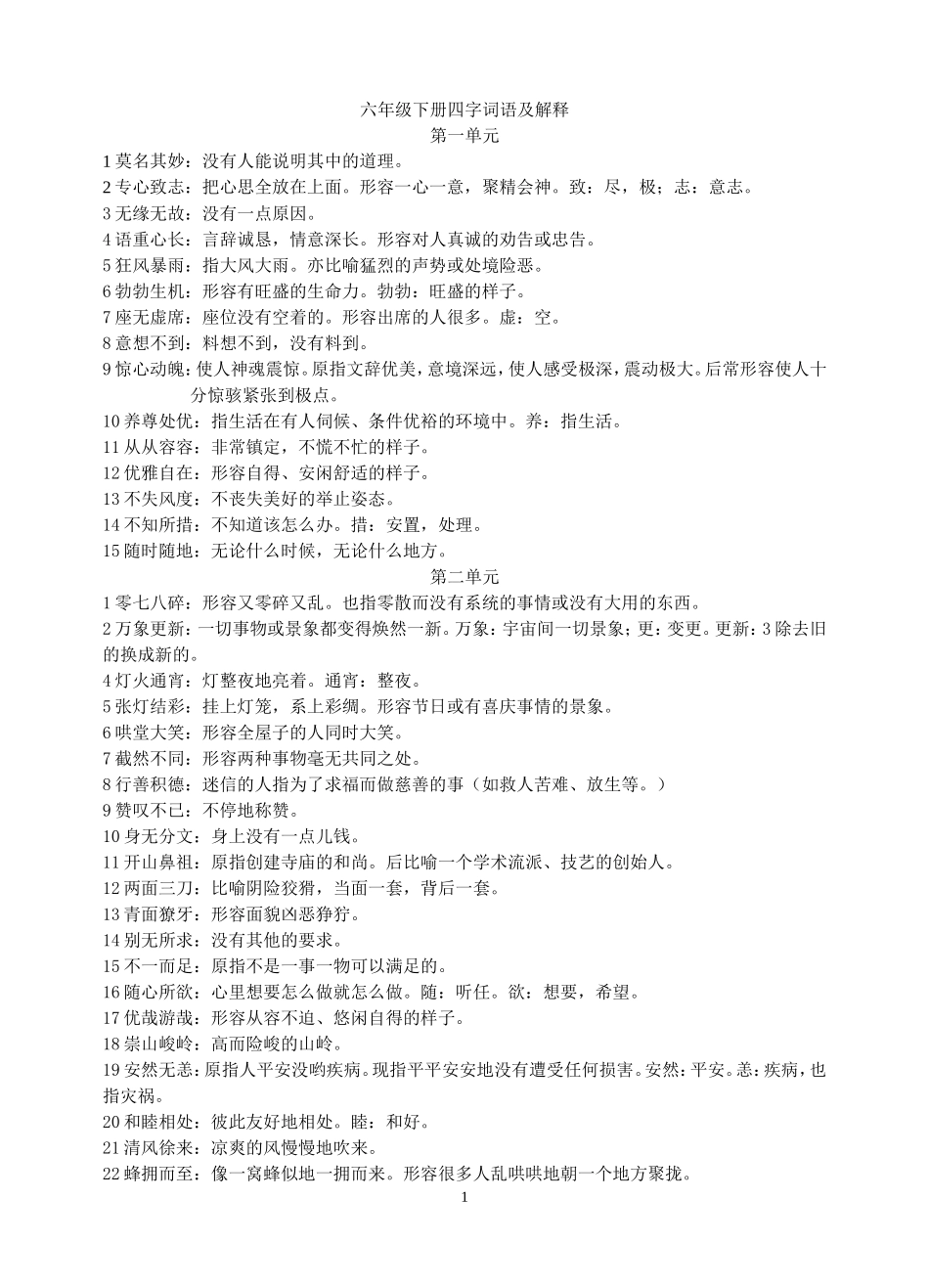六年级下册四字词语及解释_第1页