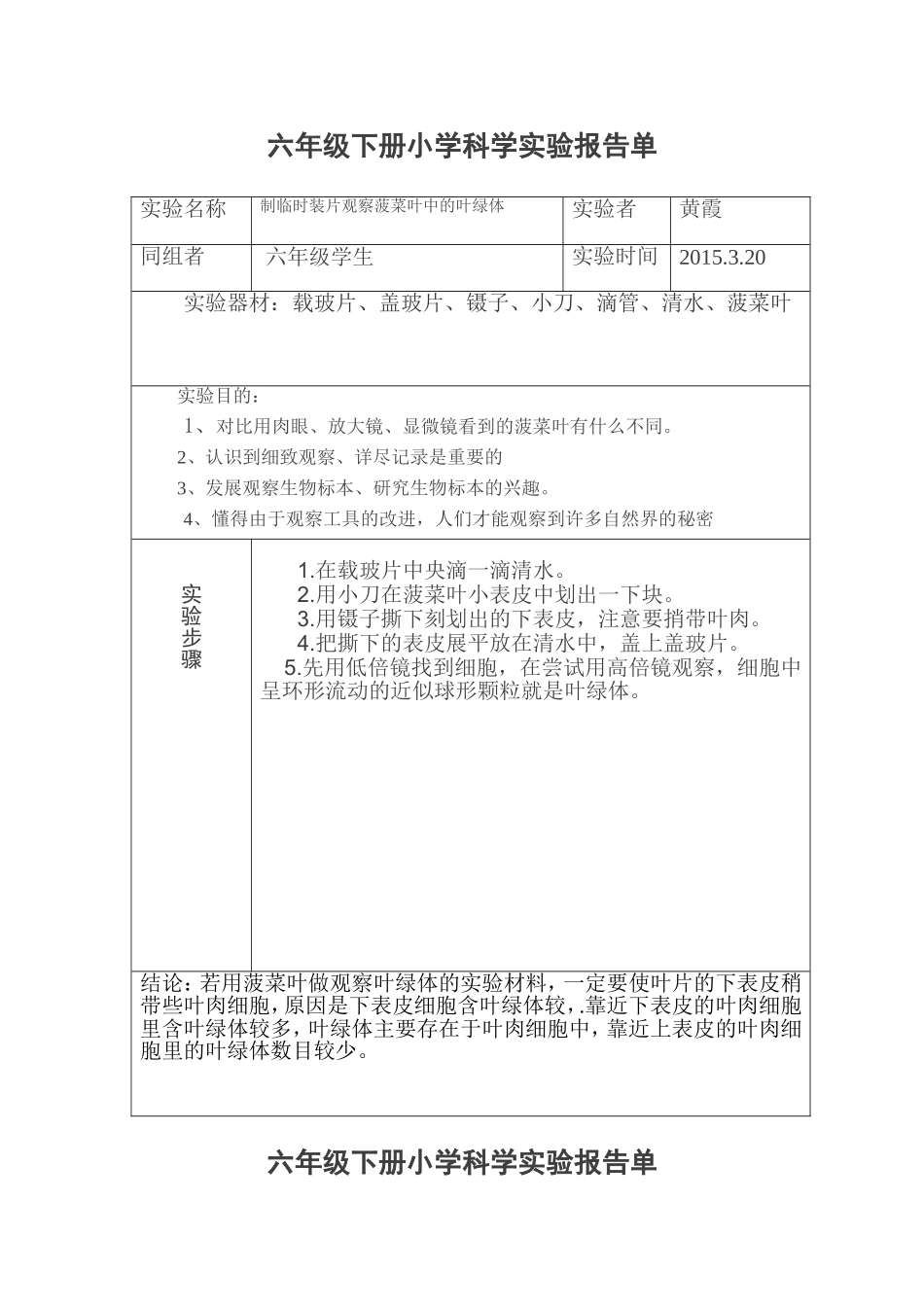 六年级下册小学科学实验报告单_第2页