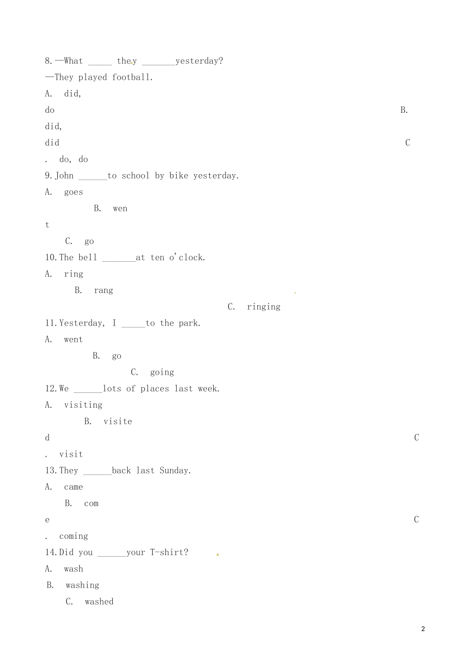 六年级下册英语试题-备考2019年小升学英语专题复习(语法专练)：一般过去时-全国通用(含答案)_第2页