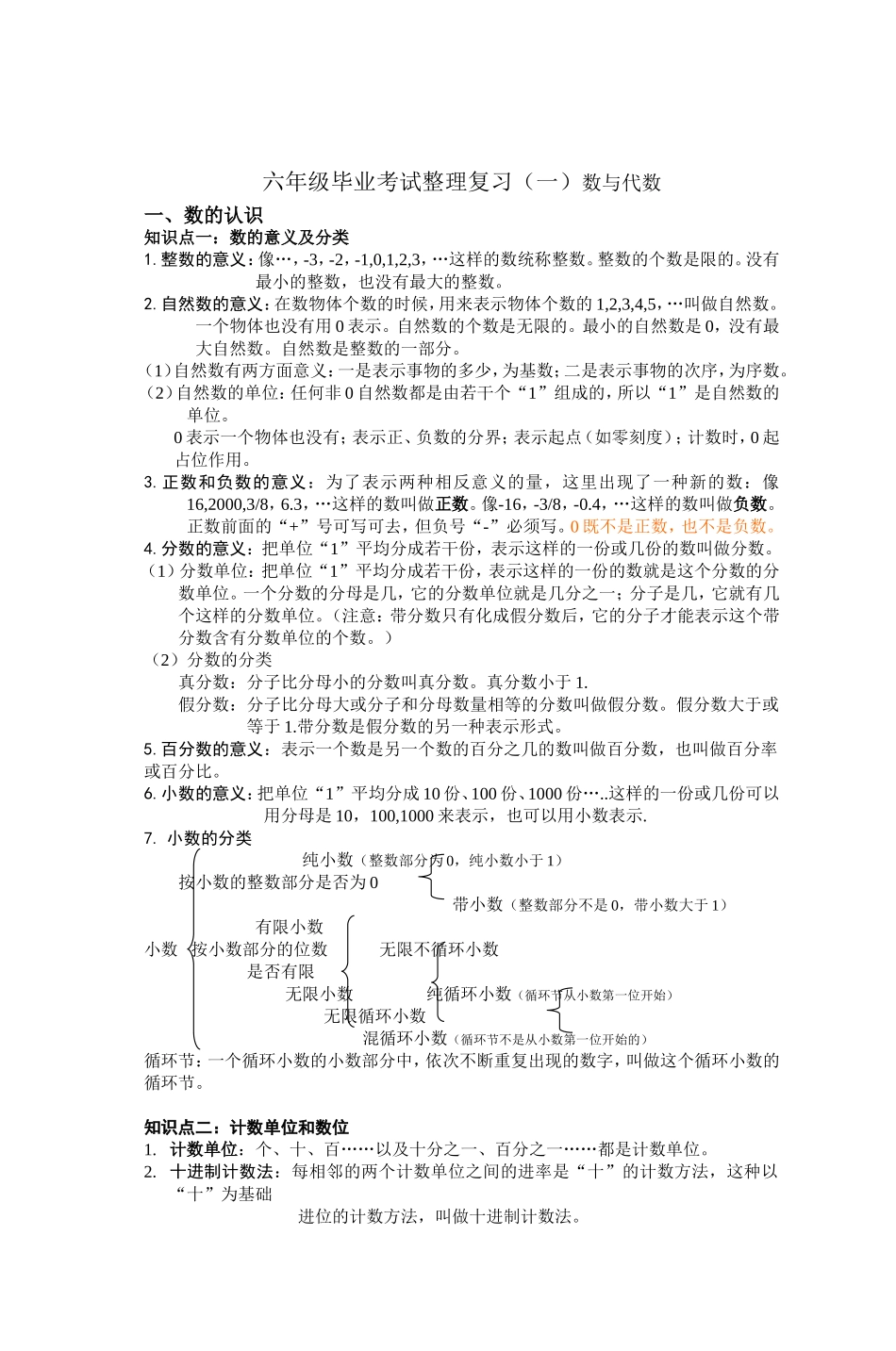 六年级毕业考试整理复习(一)数与代数_第1页