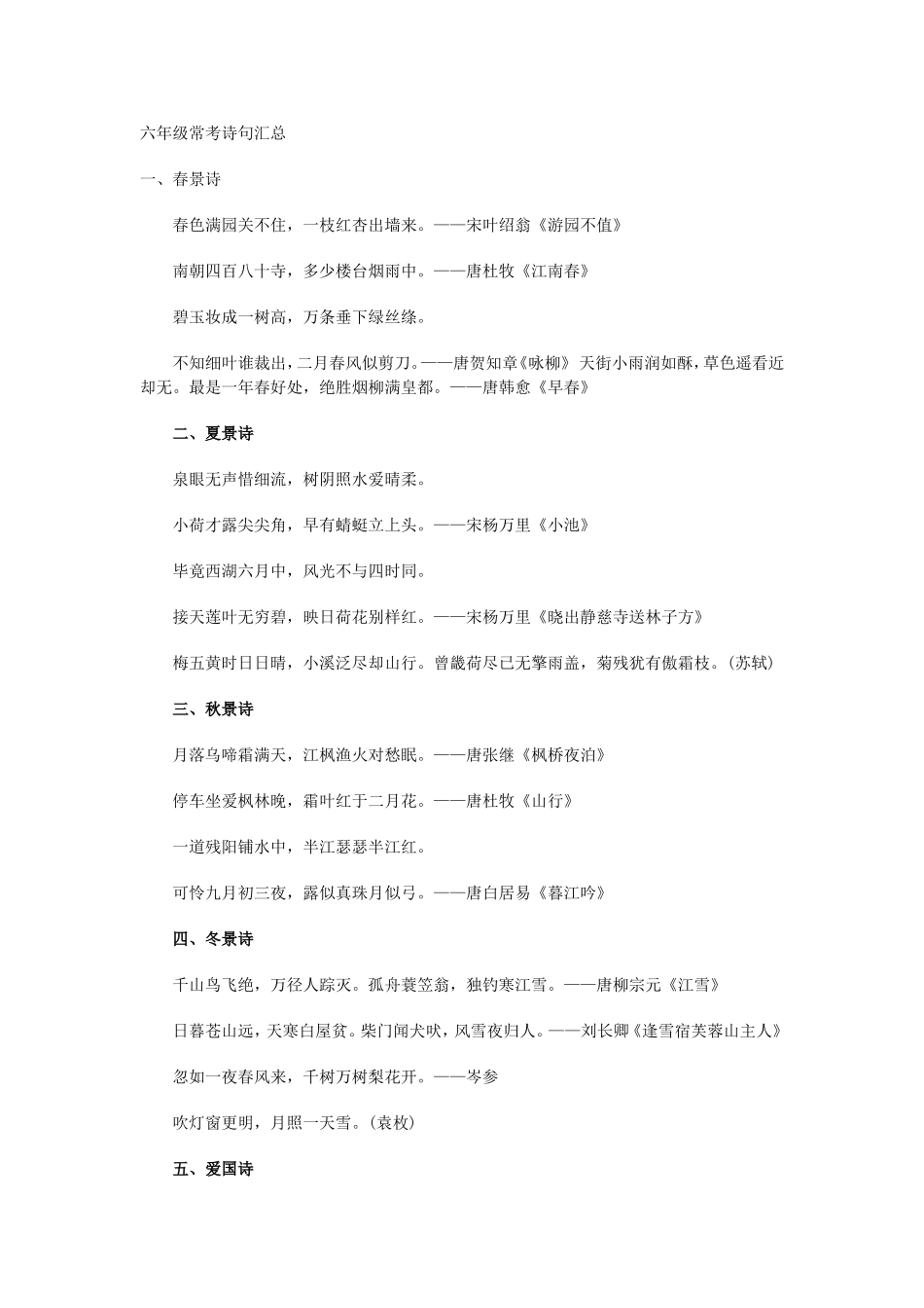 六年级常考诗句汇总_第1页