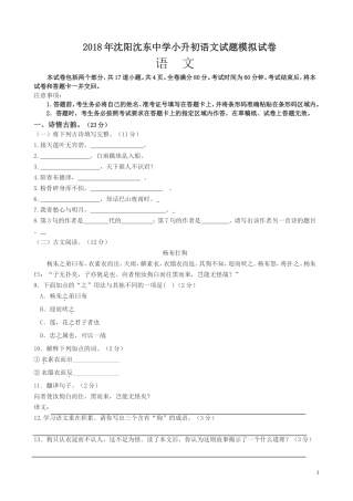 六年级下册语文试题-2018年沈阳沈东中学小升初语文试题模拟试卷--语文S版(文档版)(含答案)