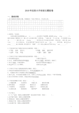 六年级下册语文试题-辽宁省沈阳市2018年沈阳小升初语文模拟卷-----语文S版(文档版)(含答案)