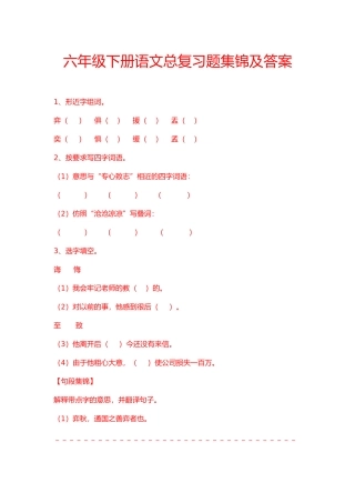 六年级下册语文总复习题集锦及答案