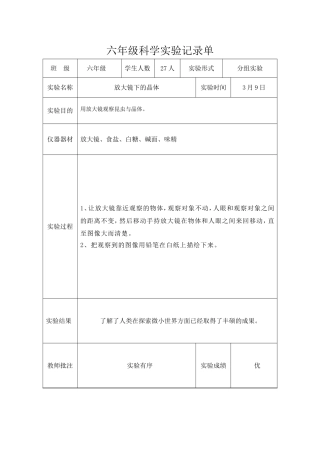 六年级下科学实验记录单