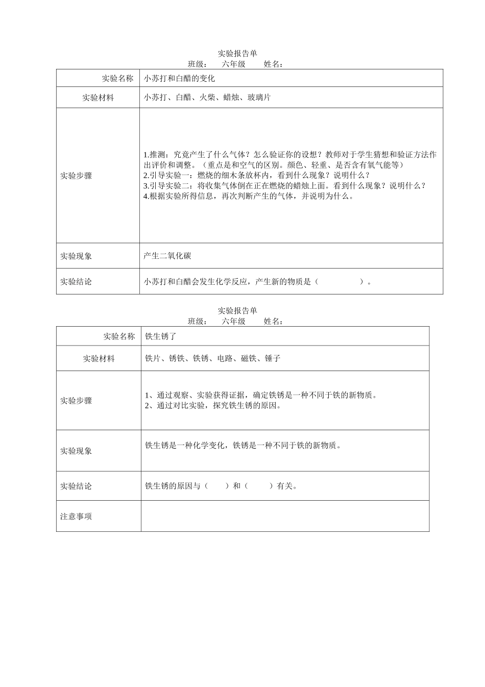 六年级下实验报告单_第1页