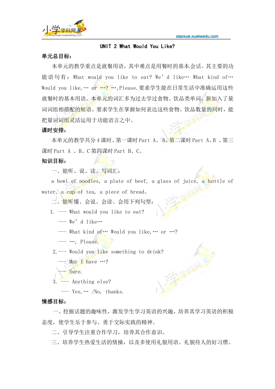 六年级下英语教案-UNIT-2-What-Would-You-Like--陕旅版【小学学科网】_第1页