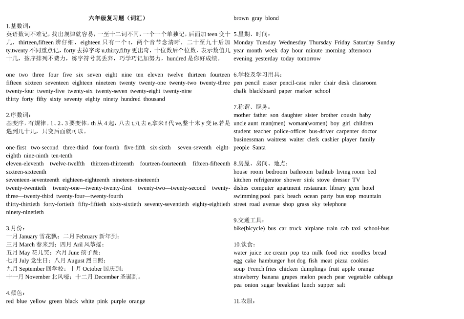 六年级小考复习题(词汇分类)_第1页